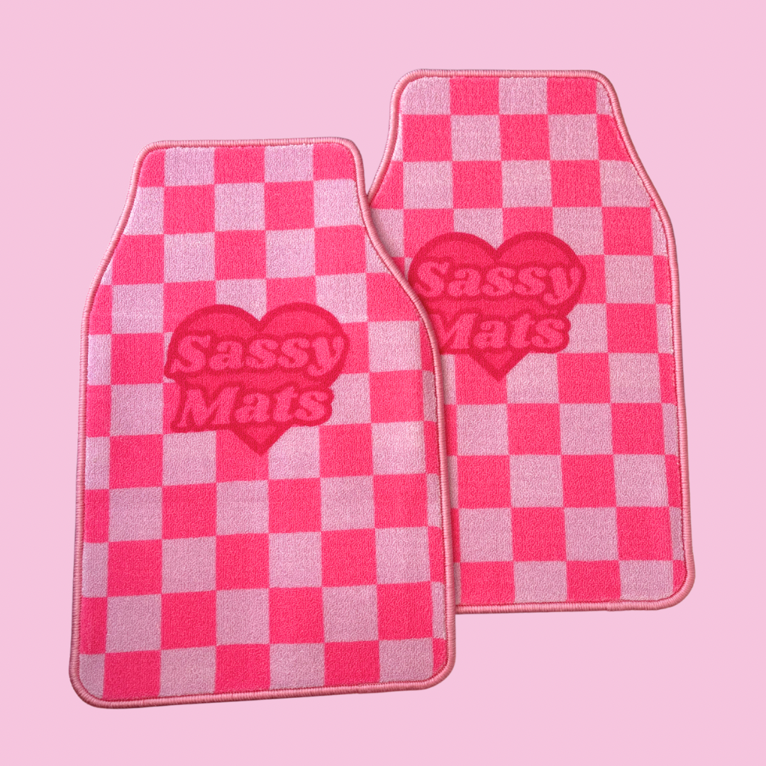 HOT PINK CHECKERBOARD UNIVERSAL CAR MATS x 2