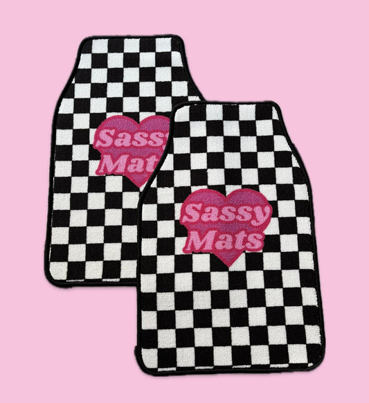 BLACK AND WHITE CHECKERBOARD UNIVERSAL CAR MATS x 2